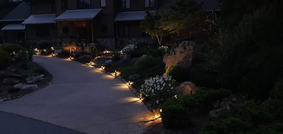 Outdoor lighting along a driveway