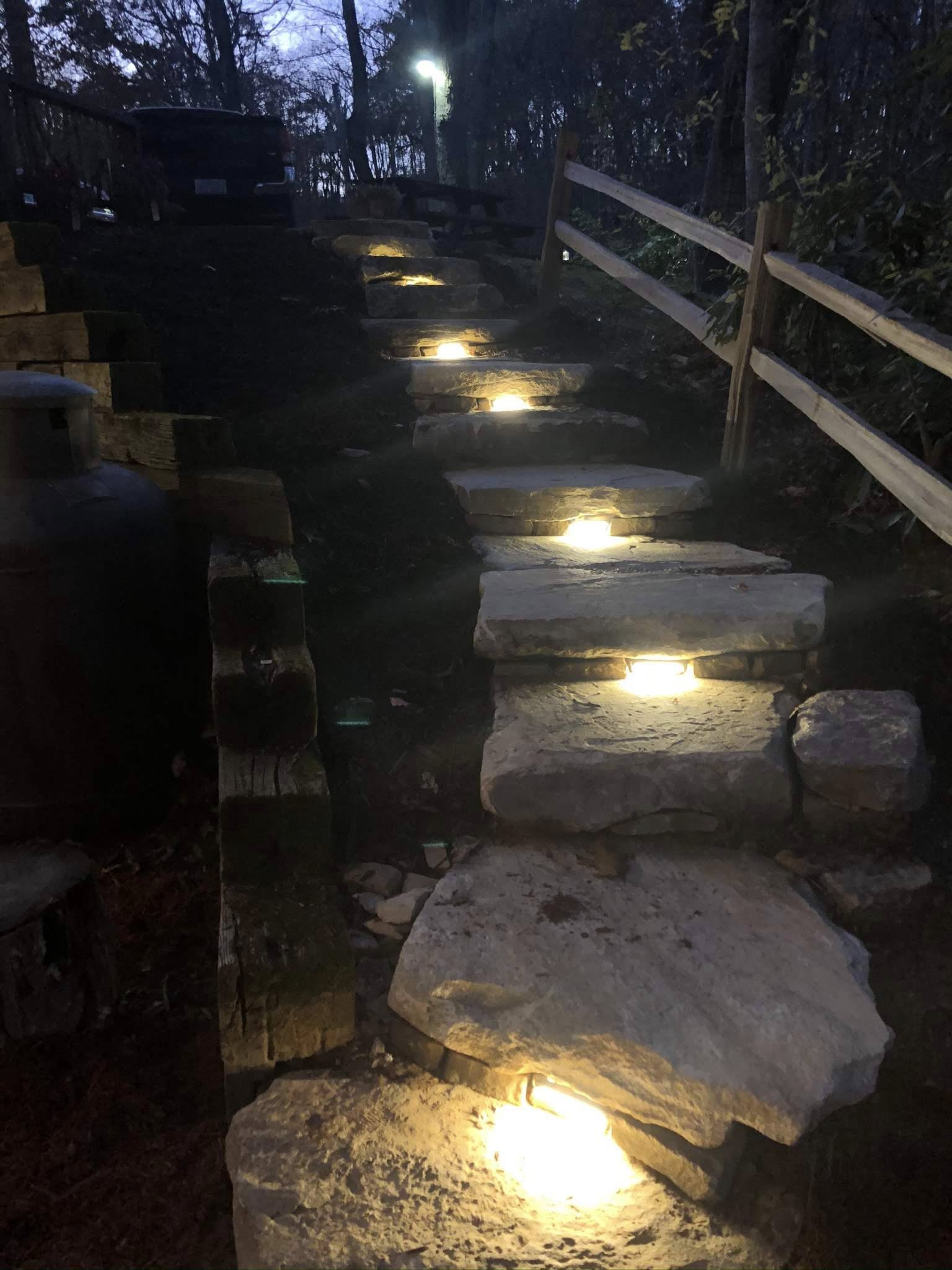 Stone steps with landscape lighting